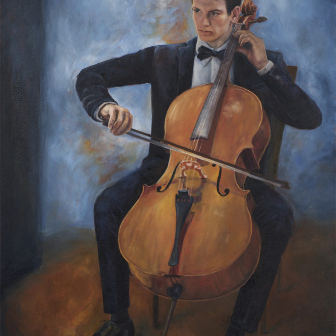 realistic oil painting portrait, cellist, cello, classical music, artist Lydia Pepin